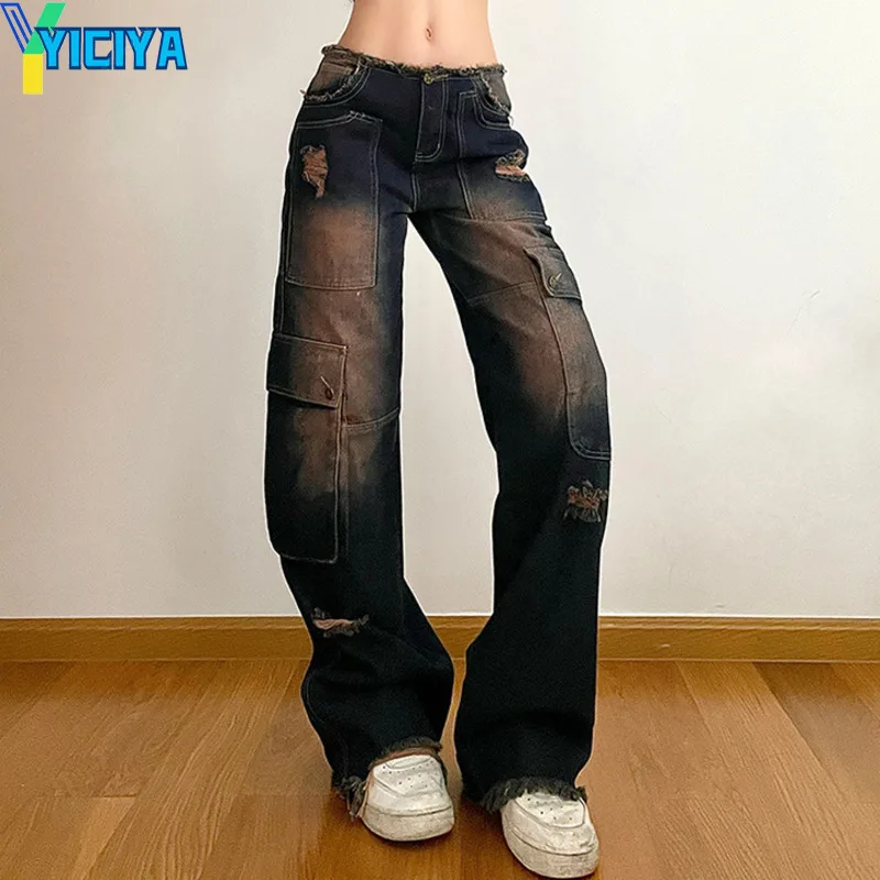 

YICIYA y2k style jeans Women Cargo pants Vintage Baggy Hole Straight Tooling Denim Trousers High Waist Long Pant Female Clothing