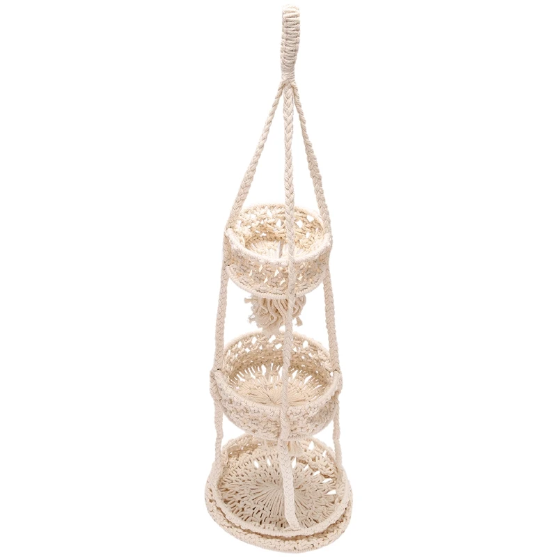 

HOT SALE 3 Tier Hanging Fruit Basket Bohemia Handmade Cotton Rope Woven Bohemia Handmade Basket
