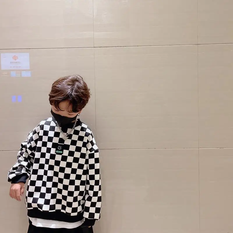 Boys Checkerboard Sweatshirts O-neck Pullover Long Sleeve T-shirts Autumn Loose 5-12 Years Old kids hoodie sweatshirts