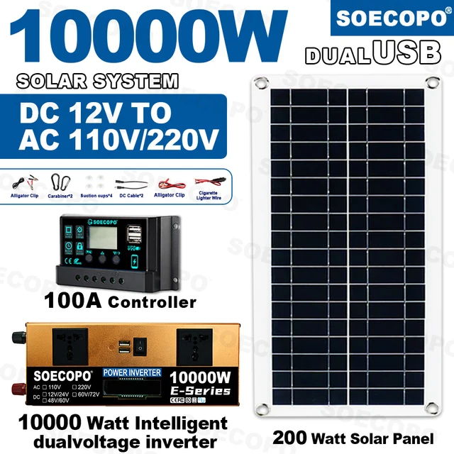 Kit complet de système solaire 10000W, contrôleur Dual12V/24V à 110V/220V100A, panneau 200W, onduleur hors réseau pour maison/Camping, sauvegarde 1