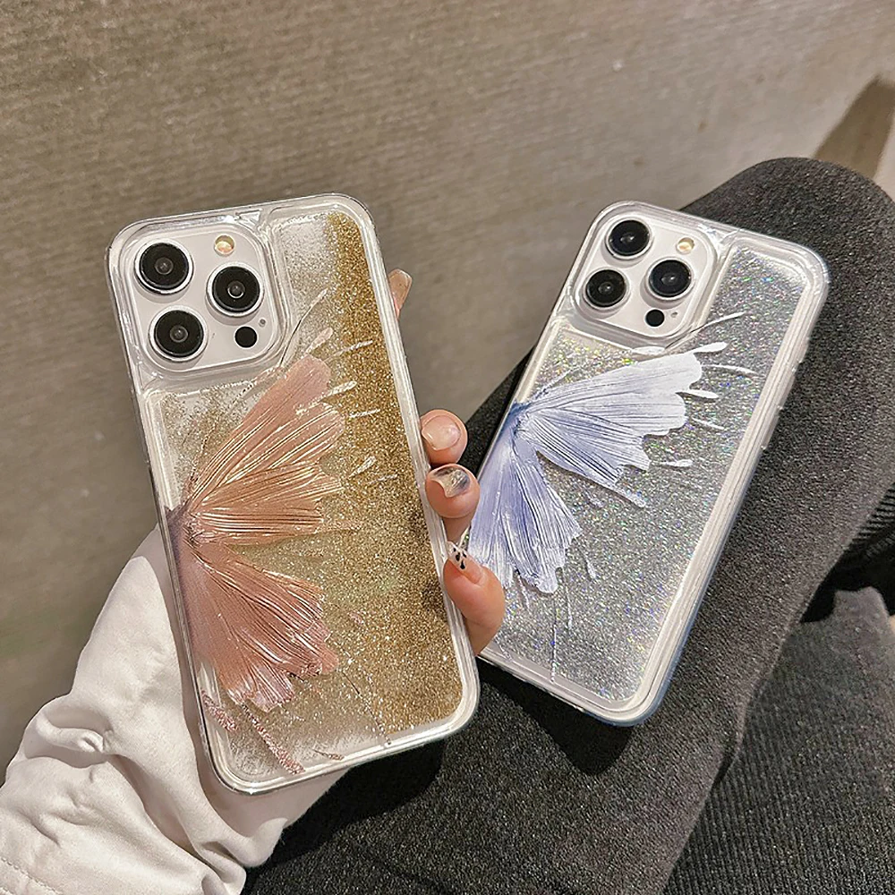 Internet Luxury Gold Silver Butterfly Liquid Quicksand Clear Phone Case Per Iphone 15 14 11 12 13 Pro Max Glitter Protect Cover