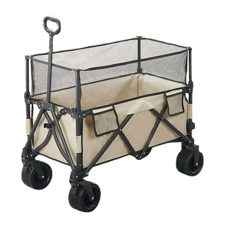 

Korea Collapsible Folding Outdoor Carts Heavy Duty Foldable Double Utility Grocery Wagon For Camping Shopping With Net