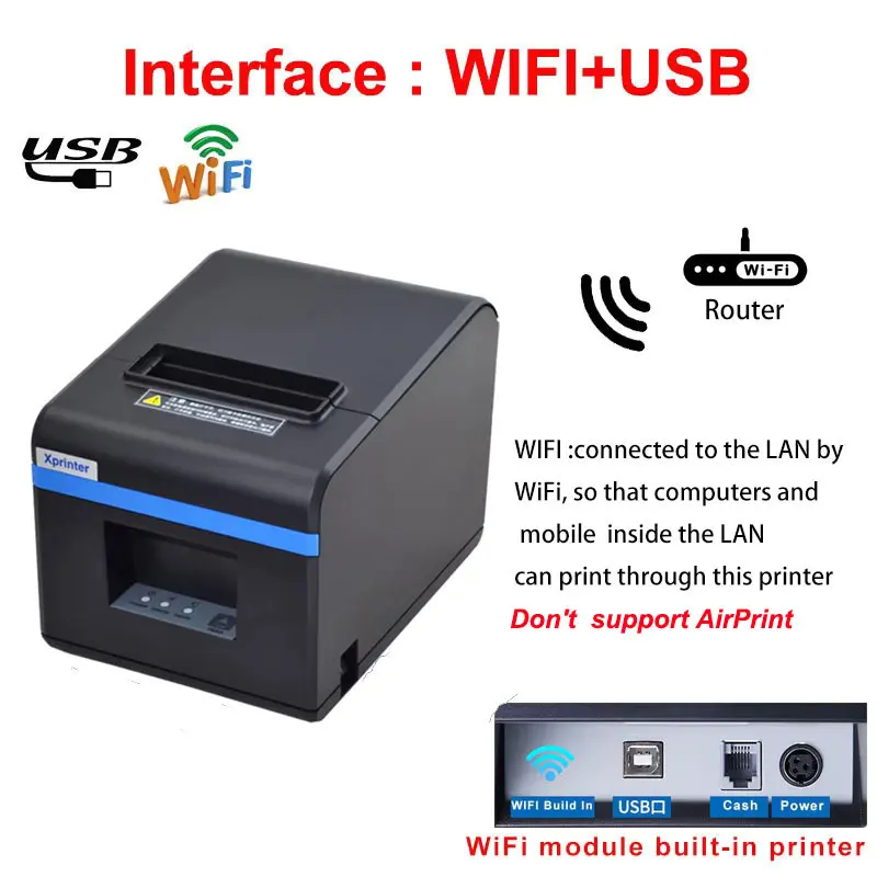 طابعة الإيصالات الحرارية XPrinter 80 مم مع قاطع تل...