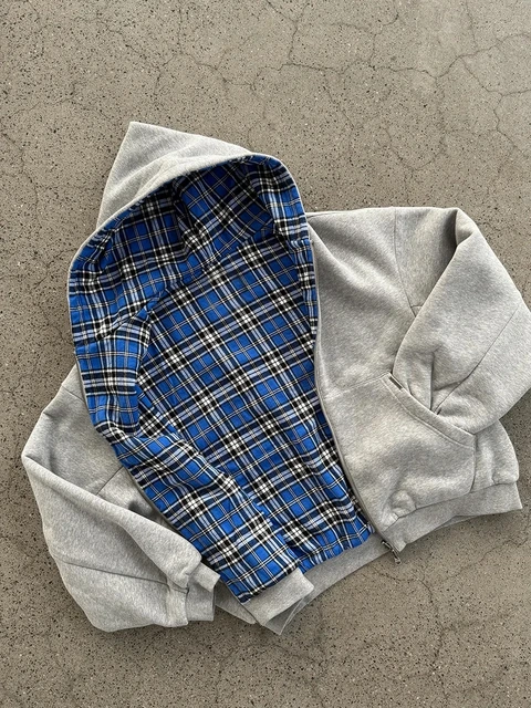 Casual Reversible Hoodies for Men Street Clothes Oversized Zip Up Hoodie Simple with Plaid Lining Solid Color Retro Sweatshirt 2