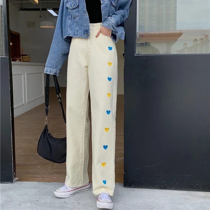 2021 New Love Embroidery Pattern Jeans Y2k Tube Loose Thin High Waist Straight Retro Wide Leg Denim Pants Casual Denim Trousers