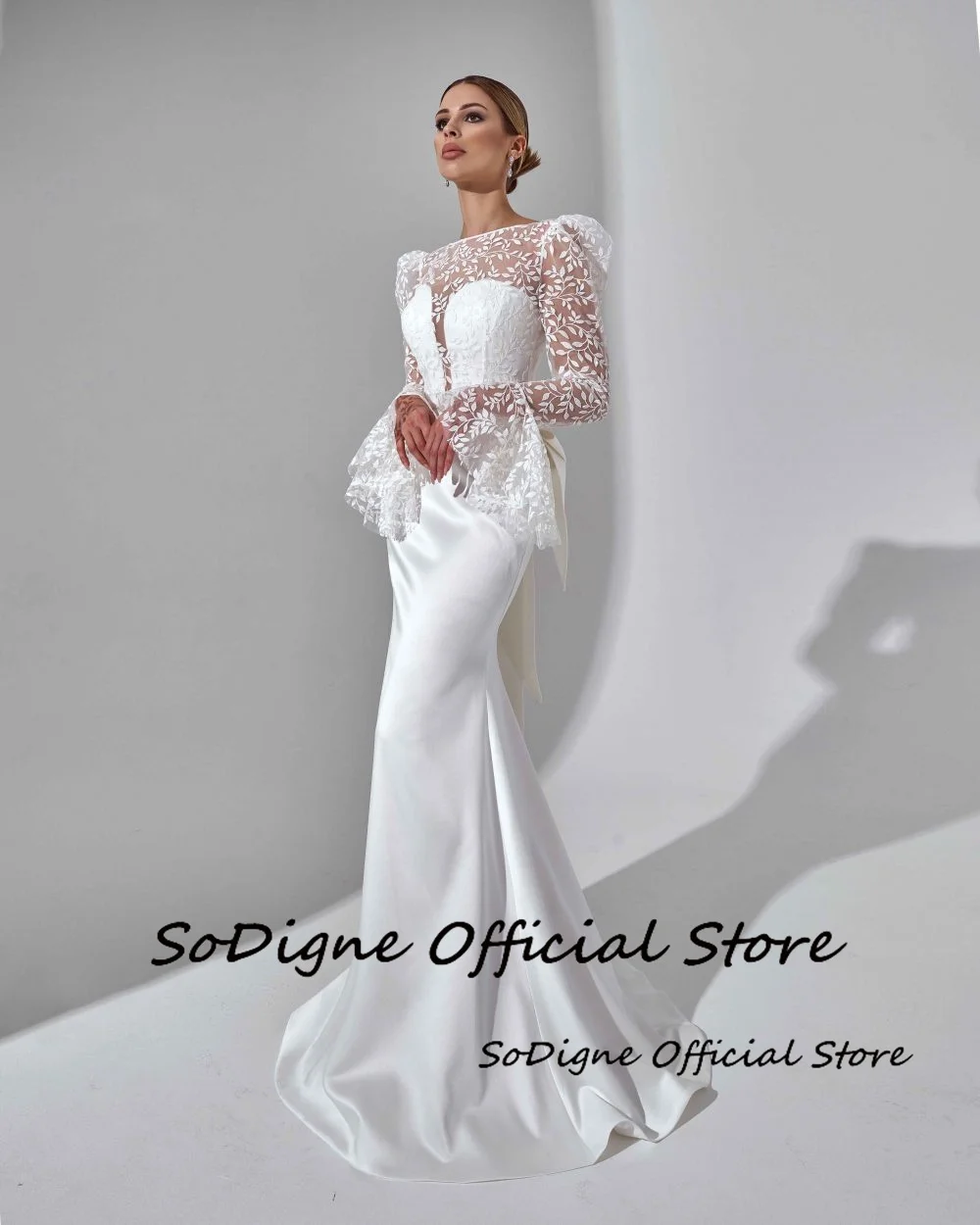 SoDigne Mermaid Satin Bride Dresses Appliques Full Sleeves Wedding Dress Long Bridal Gowns with Bow Robe De Mairee Customized 12 Sb04bb024155246aea77fc973d164ca3fe