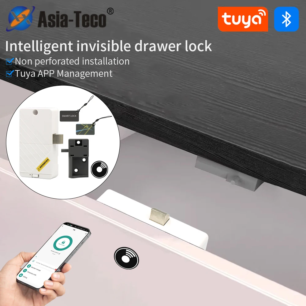 Tuya IC card Sensor ล็อคที่ซ่อน Anti-theft สมาร์ทลิ้นชักล็อค Keyless ฝัง Secure เฟอร์นิเจอร์ที่มองไม่เห็นไร้สาย App ประตูล็อค 1