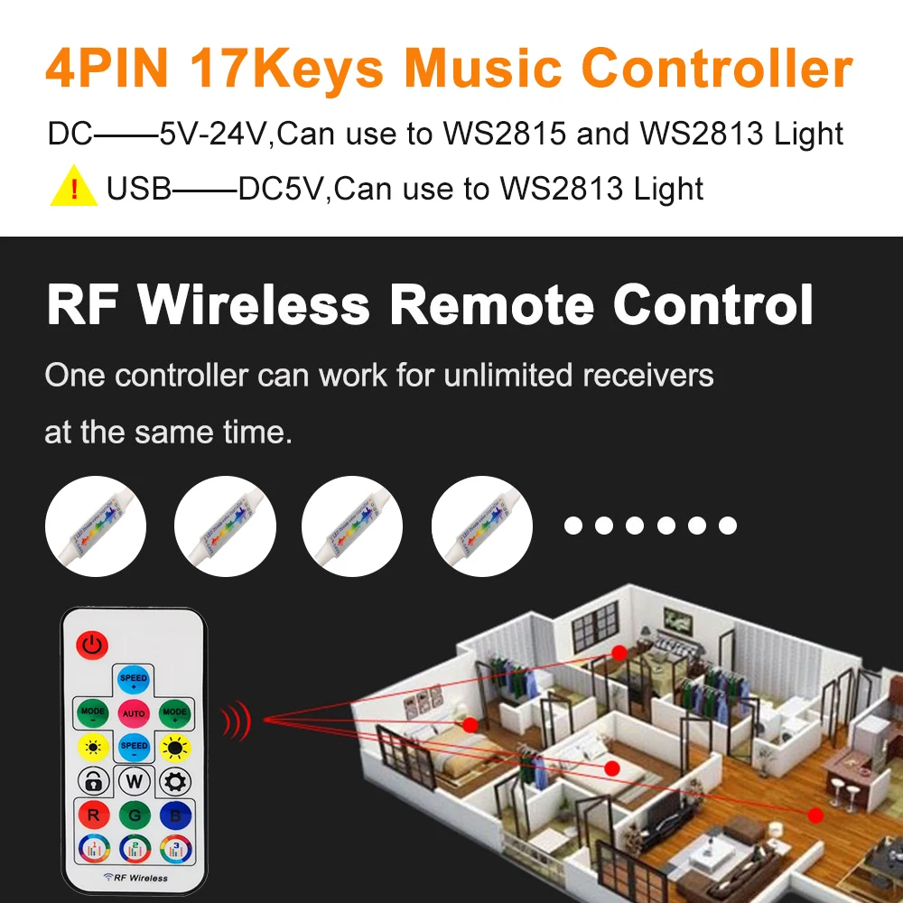 음악 LED 컨트롤러 미니 원격 358 모드, 5050 RGB 개별 주소 지정 스트립 라이트 패널, DC USB, 5V, 12V, 24V, 4 핀, 17 키