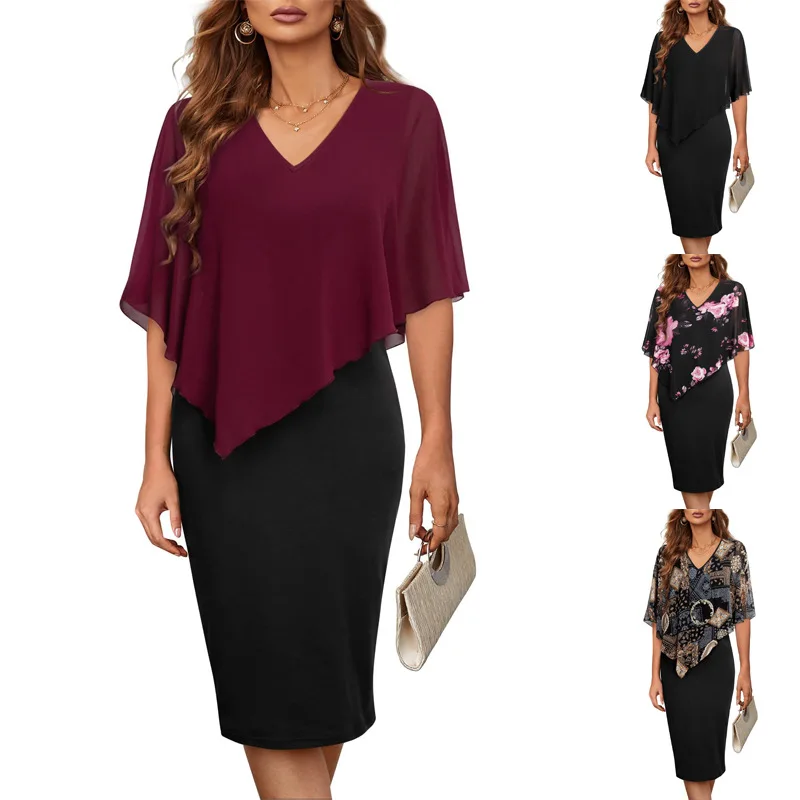 

Fashion Summer Color Pencil Chiffon Dress For Women Mesh Patchwork Design Hot Drilling V-Neck Sleeveless Slim Shawl OL Dresses
