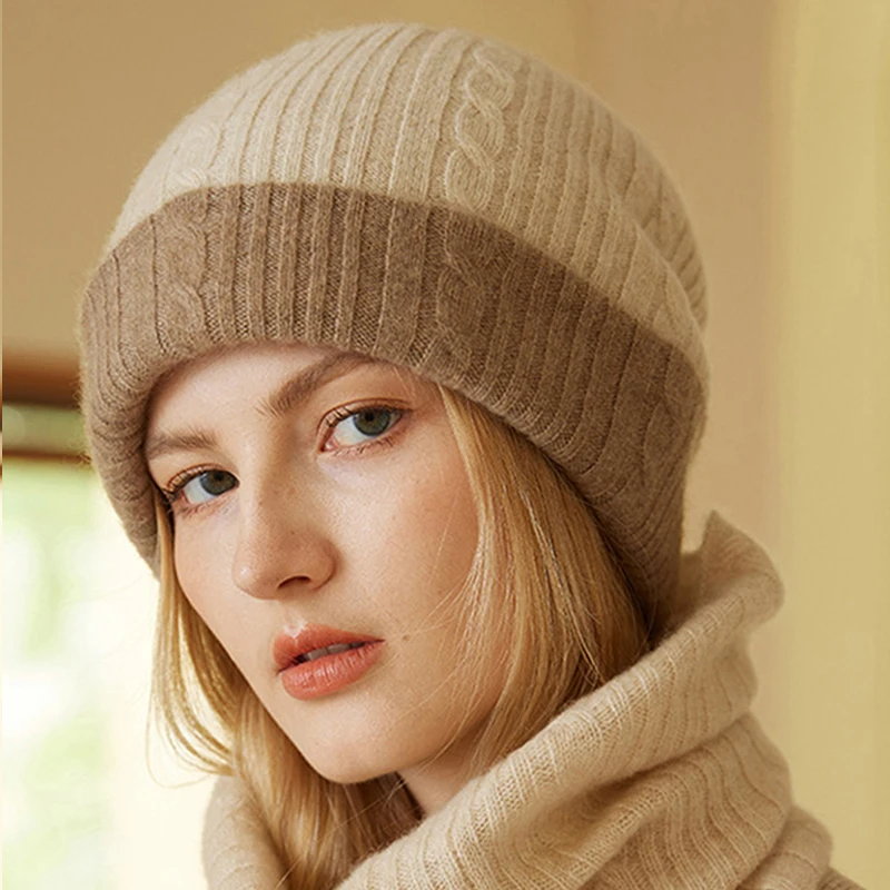 100% Pure Goat Cashmere Beanies for Women Winter Thick 2 Layer Wearable Soft Warm Twist Skullies Cap Girl Fashion Slouchy Hat 2