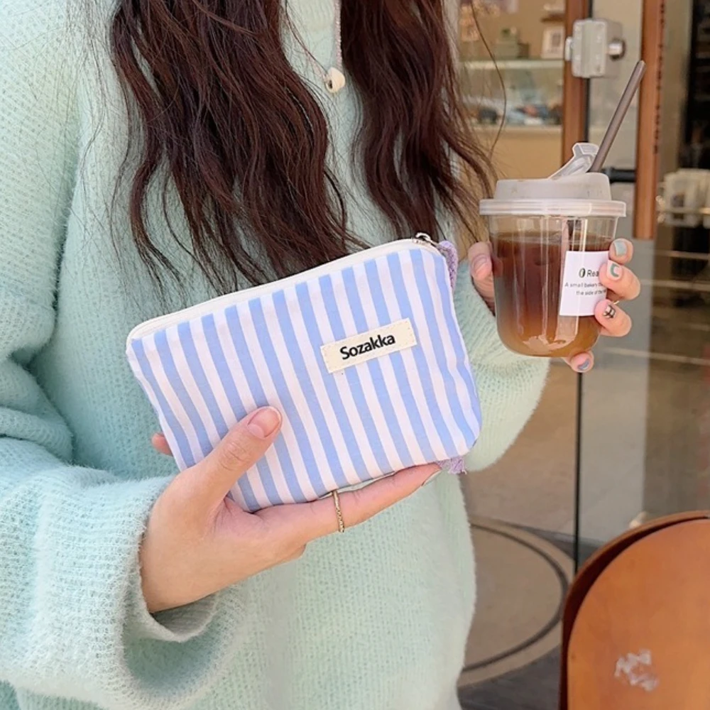 Small Cosmetic Make Up Bag Mini Canvas Striped Organizer Bags for Women Lipstick Makeup Case Children Cute Purse Coin Pouch Case