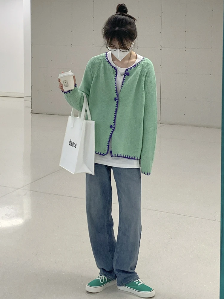 O넥 긴팔 패널 가디건, 루즈한 한국 스타일, 미니멀리스트 오피스 레이디, 데일리 용수철, 고급스러운 스타일리시 인스타 감성 패션, 가을