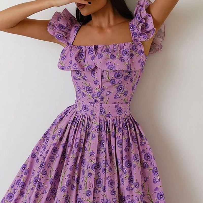 

Sexy Square Neck Flying Sleeve Long Dress Elegant Floral Print Hight Waist Party Dress Women Fashion Button Pleated Bohe Dresses