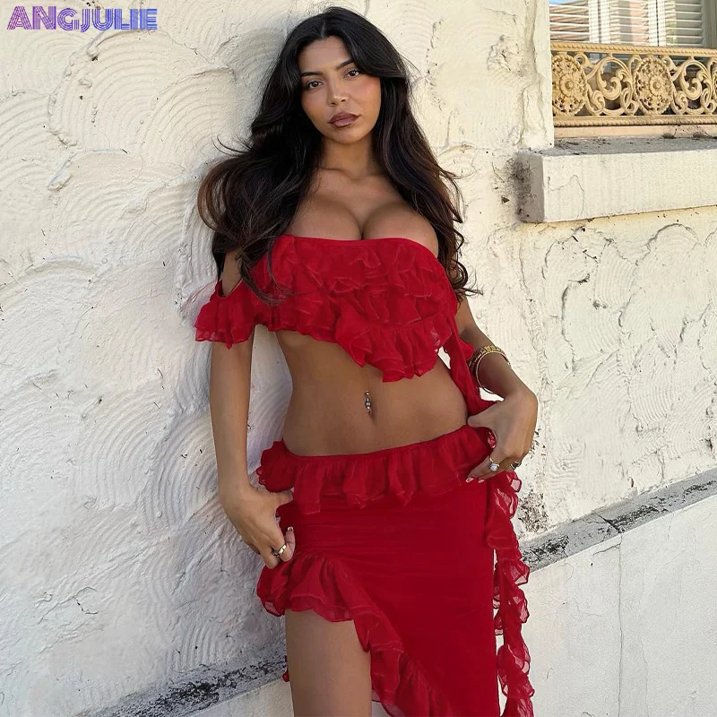 

Angjulie Sexy Ruffle Patchwork Strapless Dress Backless Single Shoulder Cut Out 2000s Aesthetic Party Beach Vacation Women Dress