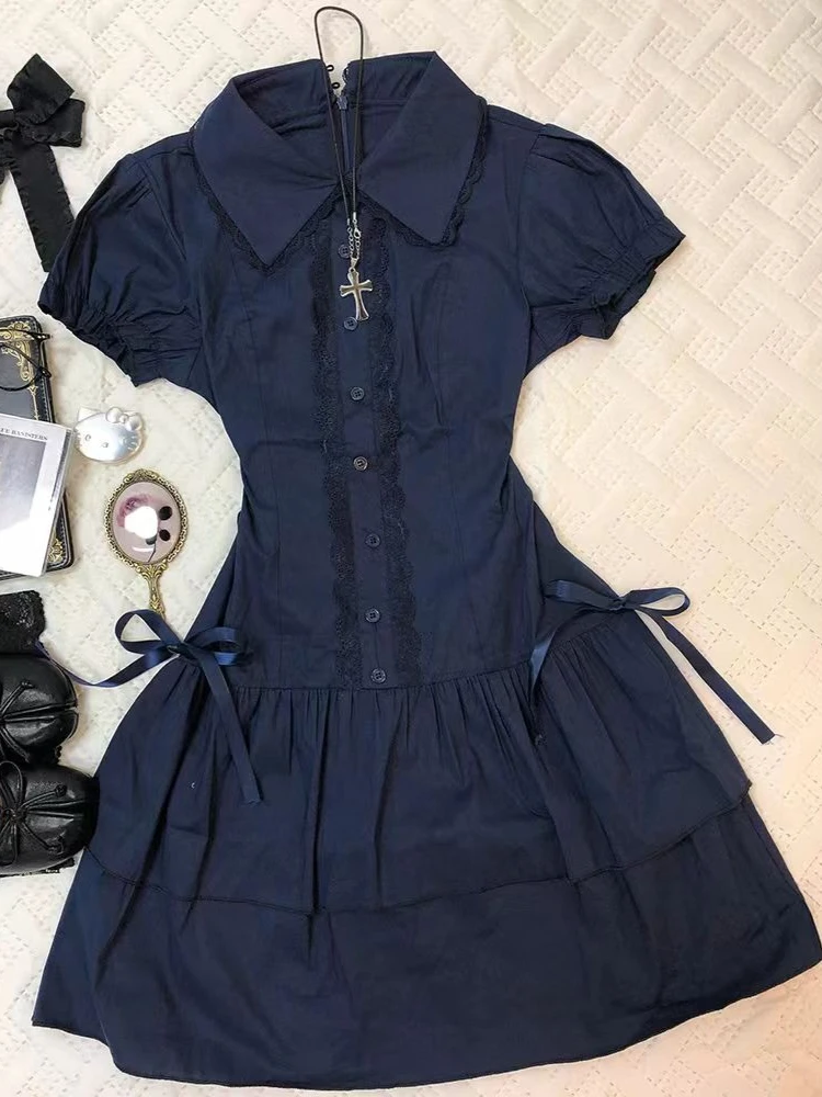 Vintage Black High Street Patchwork Gothic Dress with Bow and Lapel Details