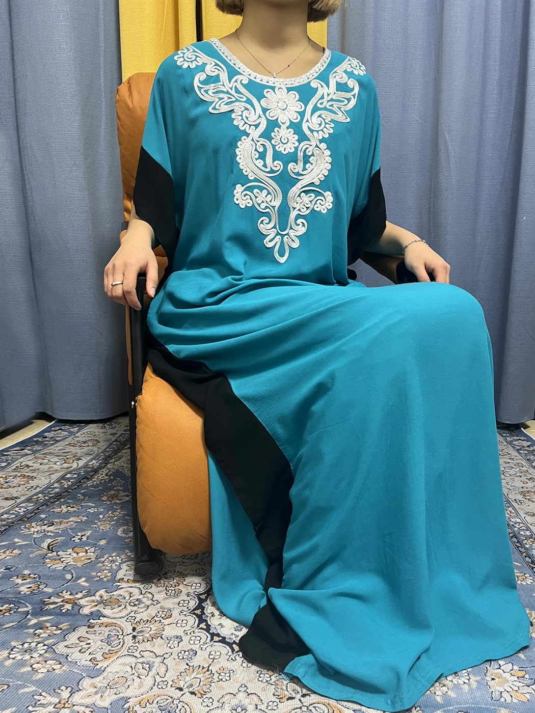 Muslim Traditional Cotton Abayas For Women 2023 Dubai Pure Splice Color Applique Short Sleeve African Dresses With Hijab Scarf
