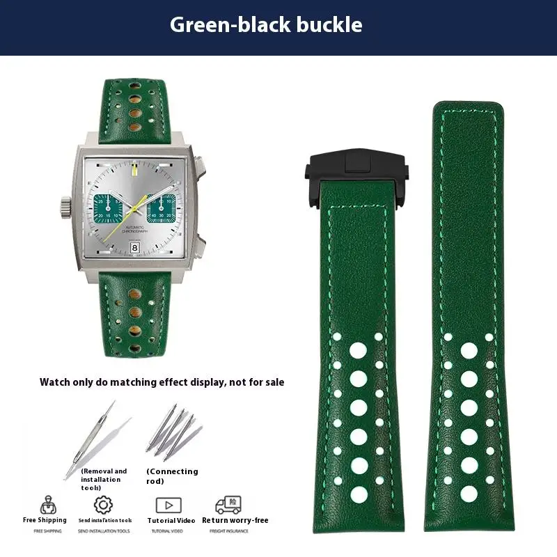 Men's Soft Genuine Cowhide Leather Watchband with Folding Buckle - 22mm, Compatible with Tag Heuer Monaco Series