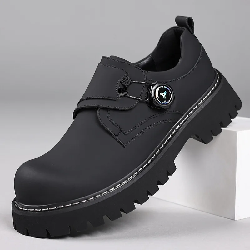 Spring Autumn British Thick Casual Derby Shoes for Men Fashion 2025 New Designer Rotary Button Black Dress Wedding Shoes Man 2
