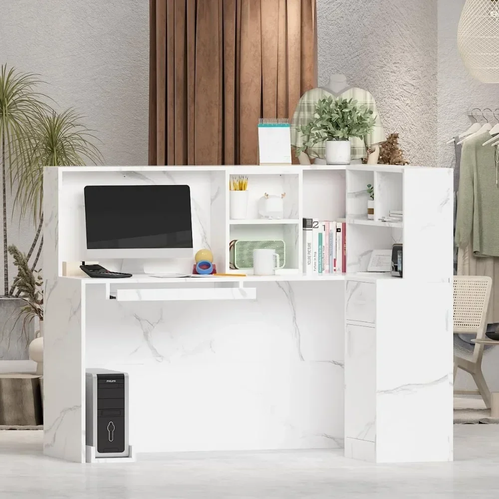 Modern Reception Desk Counter Table, L-Shap Reception Room Front Desk with Lockable Drawer & Open Shelves, Retail Counter 3