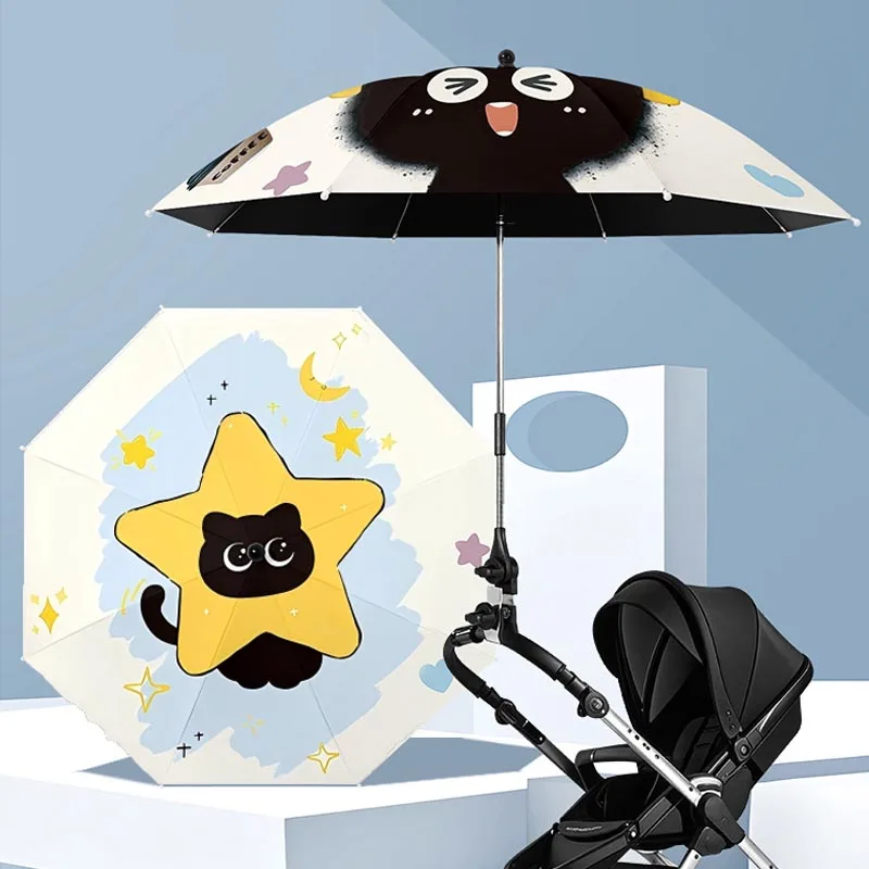 Cartoon 2-in-1 UV Protection Baby Stroller Umbrella with Clamp Universal Sunscree Rainproof Umbrella Stroller Cover Accessories