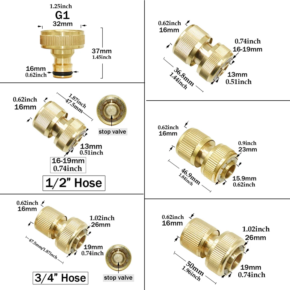 Garden Hose Adapter 1/2" 3/4" 5/8" 1" Brass Tap Quick Connecter 16mm 20mm Copper Hose Coupling Adapter Garden Watering Gun Water Stop Fittings