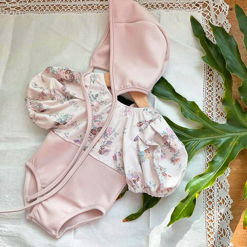 

Children Swimsuit Summer Princess Puff Sleeve Flower One Piece Girl Swimwear With Hat Resort Beach Baby Swim Wear Clothing Gift