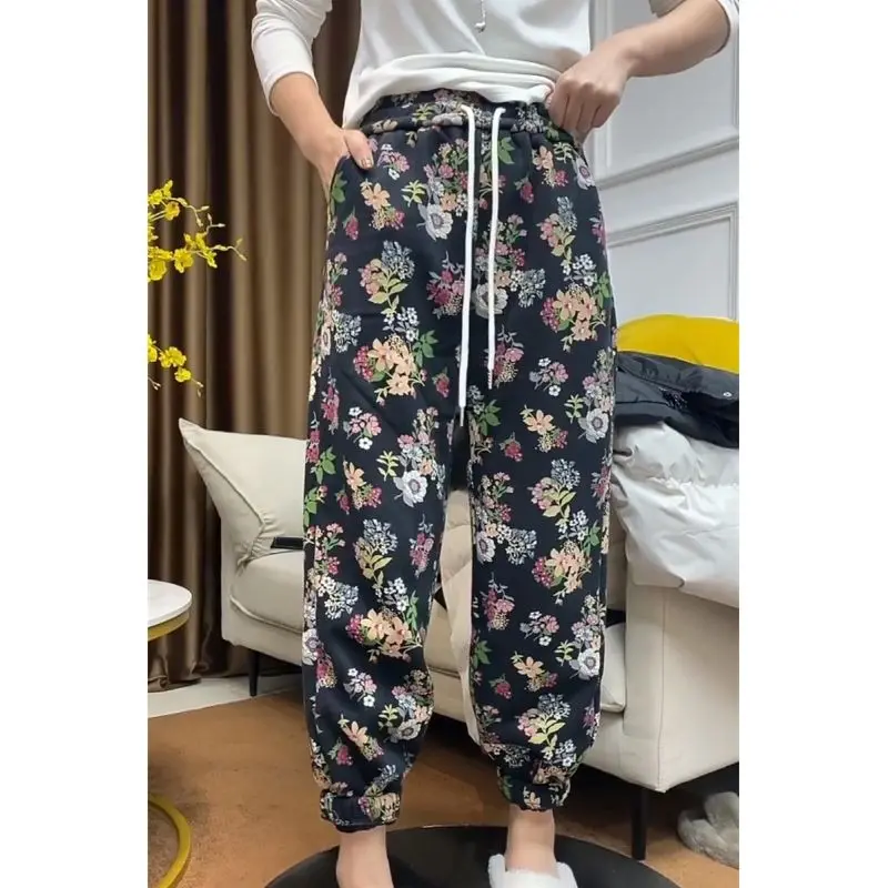 Floral Loose Plush Thicken Drawstring Leisure Mori Girl Style Ankle Length Pants Retro Middle Aged Elderly Pure Cotton Black retro vulva flower socks fashion ankle climbing socks girl men s