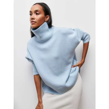 Pull en tricot à col rond pour femme, léger et Original, de luxe, élégant, ample, col montant, couleur unie, vêtements d'extérieur chauds, automne et hiver