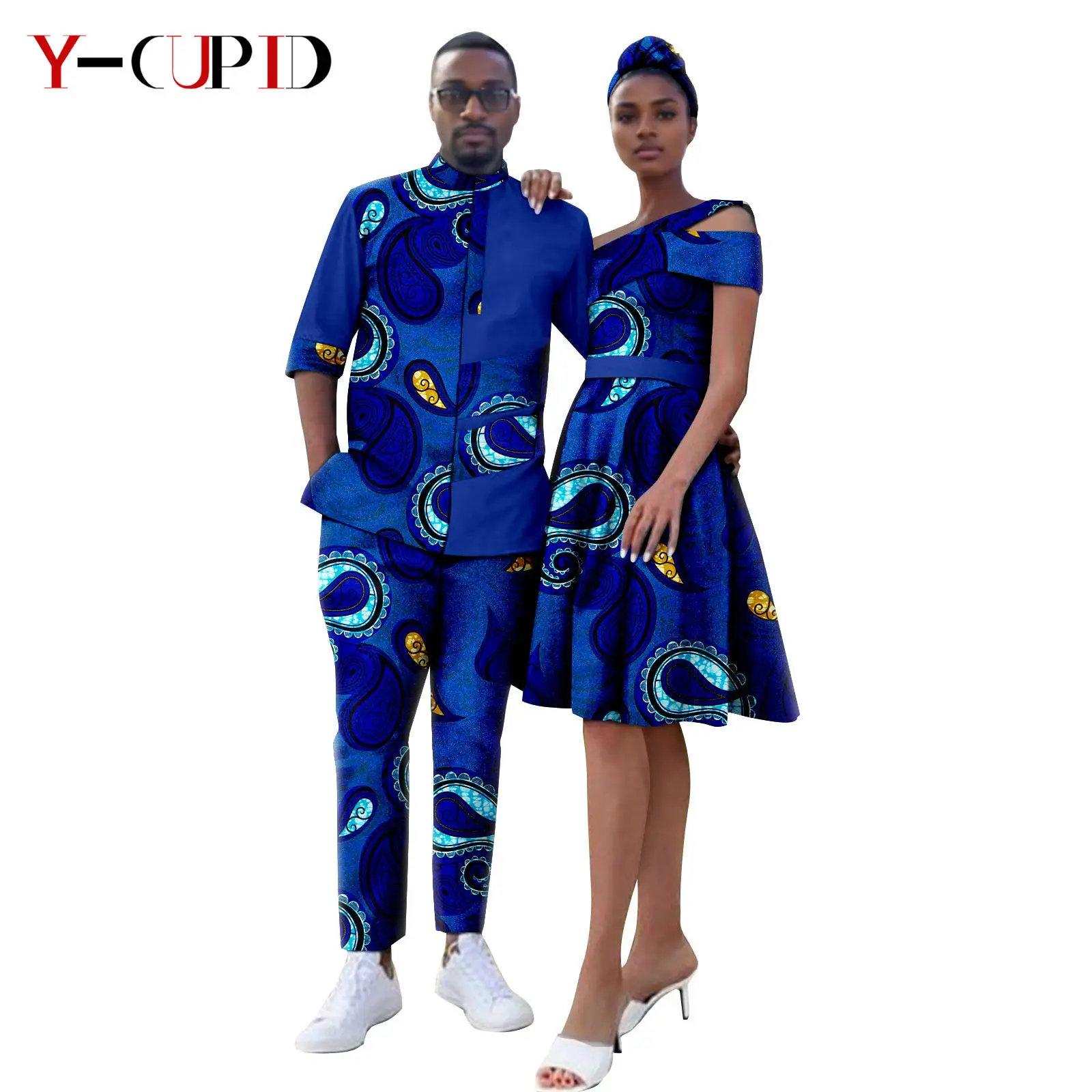 African Metallic Print Dresses for Women Matching Couple Outfits