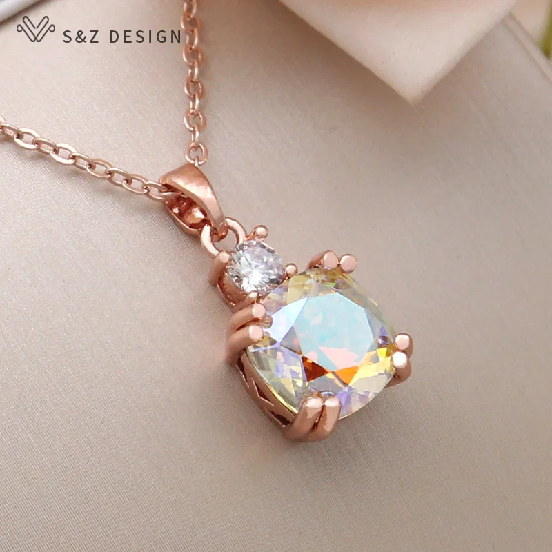 S&Z DESIGN New Fashion Classic 585 Rose Gold Color Square Crystal Pendant Necklace For Women Wedding Elegant Jewelry Gift