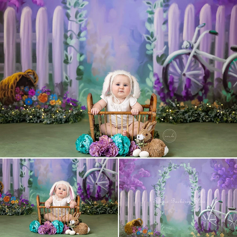 

Purple Art Floral Photography Backdrop Hand Painting Fence Bicycle Decoration Photo Background Kids Portrait Photo Studio Props