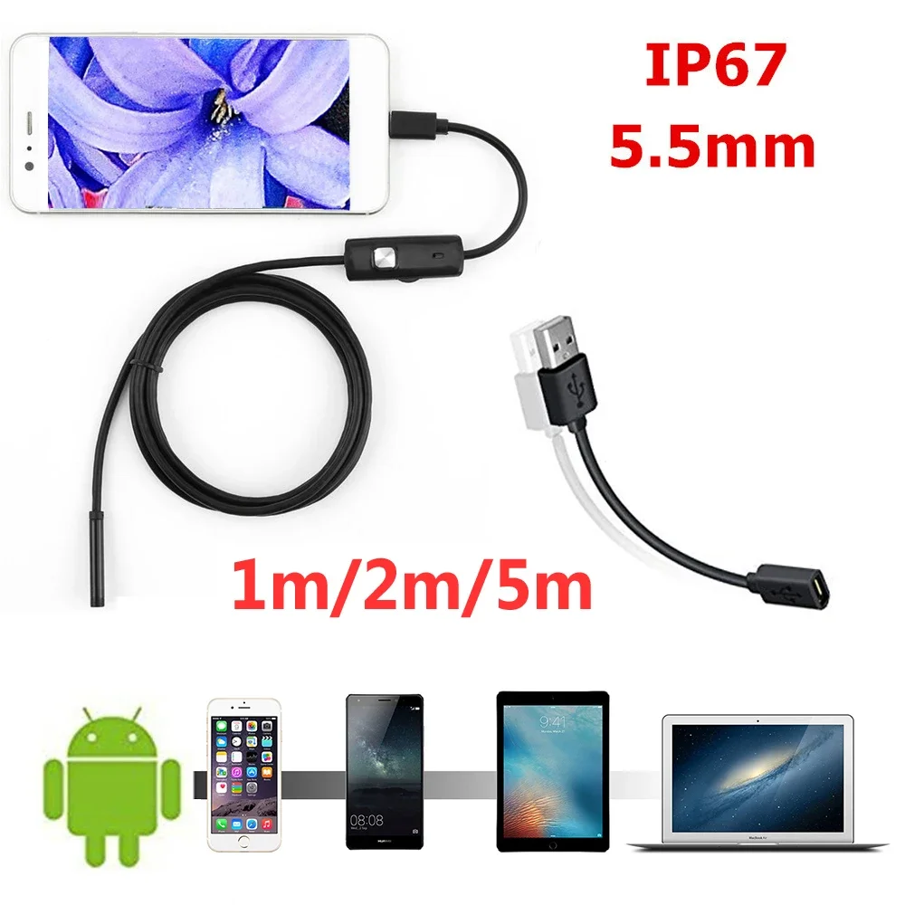 

1m 1.5m 2m Endoscope Camera HD USB Endoscope with 6 LED Soft Cable Waterproof Inspection Borescope for Android PC