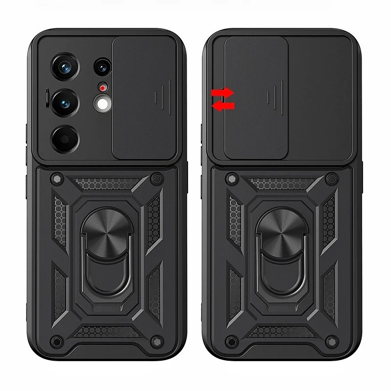 Slide Camera Lens Protection Phone Case with Ultra Ring Stand Hybrid Shockproof Cover