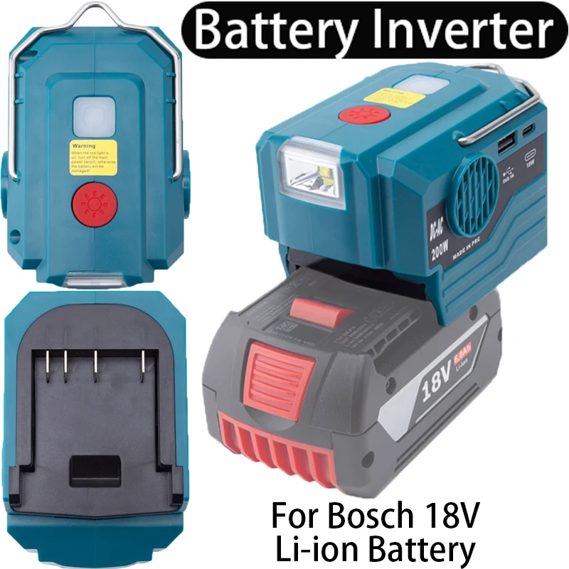 200W Tool Battery Inverter For Bosch 18V Li-ion Battery Inverter with LED Light and USB and Type-C Output Interface