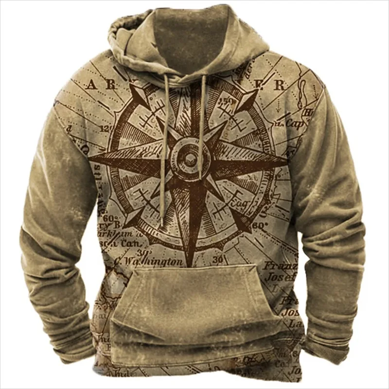 thumbnail image 1 of Sudadera con capucha con gráfico de brújula retro para hombre, sudadera de manga larga de gran tamaño, sudadera con capucha con estampado completo, ropa de calle vintage para hombre, 1 of 5