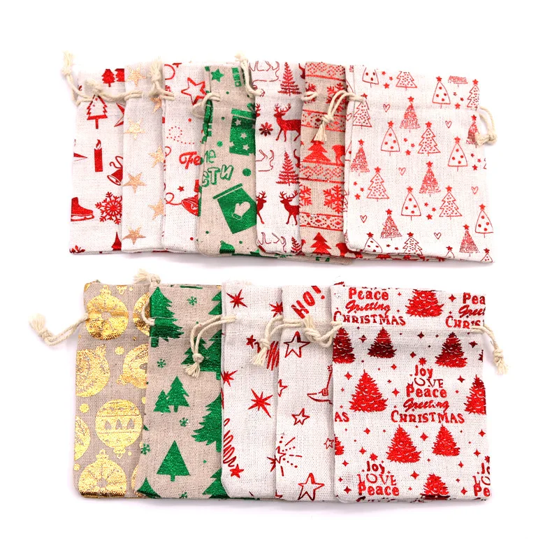 

50Pcs Christmas Bronzing Cotton Bags 10x14/13x18cm Drawstrings Jewelry Gift Display DIY Packing Halloween Party Favor Candy Bags