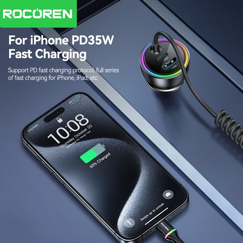 Rocoren 70W USB C Car Charger With Spring LED Cable Fast Charge Type-C USBC Car Charging Adapter For iPhone 16 15 Pro Max Xiaomi Best Sellers In Phones Accessories