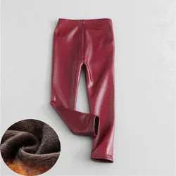 Winter Velvet-Lined Faux Leather Leggings for Girls - Warm Slim Fit Pencil Pants (WR)