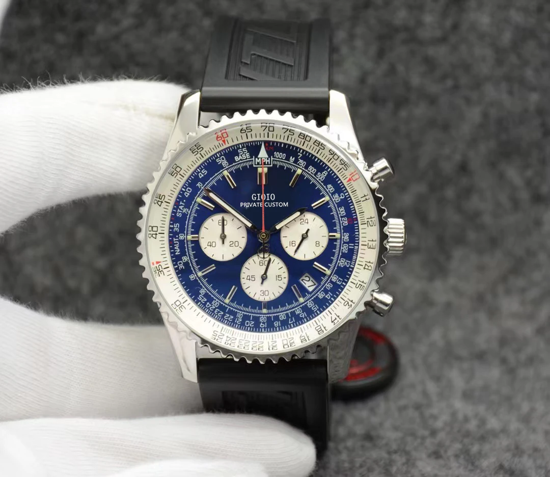 

Luxury Mens Quartz Chronograph Watch Black Blue Rubber Stainless Steel Luminous Sapphire
