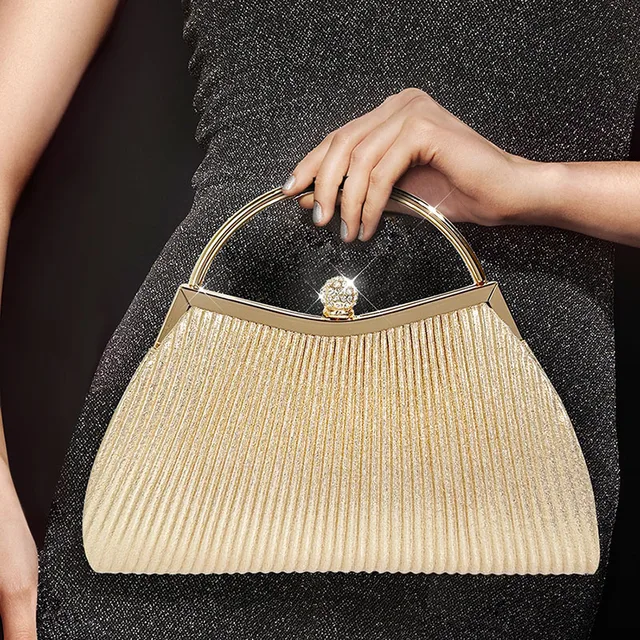 Pleated Evening Handbag Women Top Handle Glitter Day Clutch Ladies Wedding Dinner Dressed Clip Bag Diamond Party Purse Gold