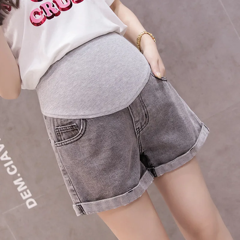 

Pregnant Woman Denim Trousers High Waist Side Pockets Wide Legs Maternity Boot Cut Fashion Pregnancy Short Jeans Belly Shorts