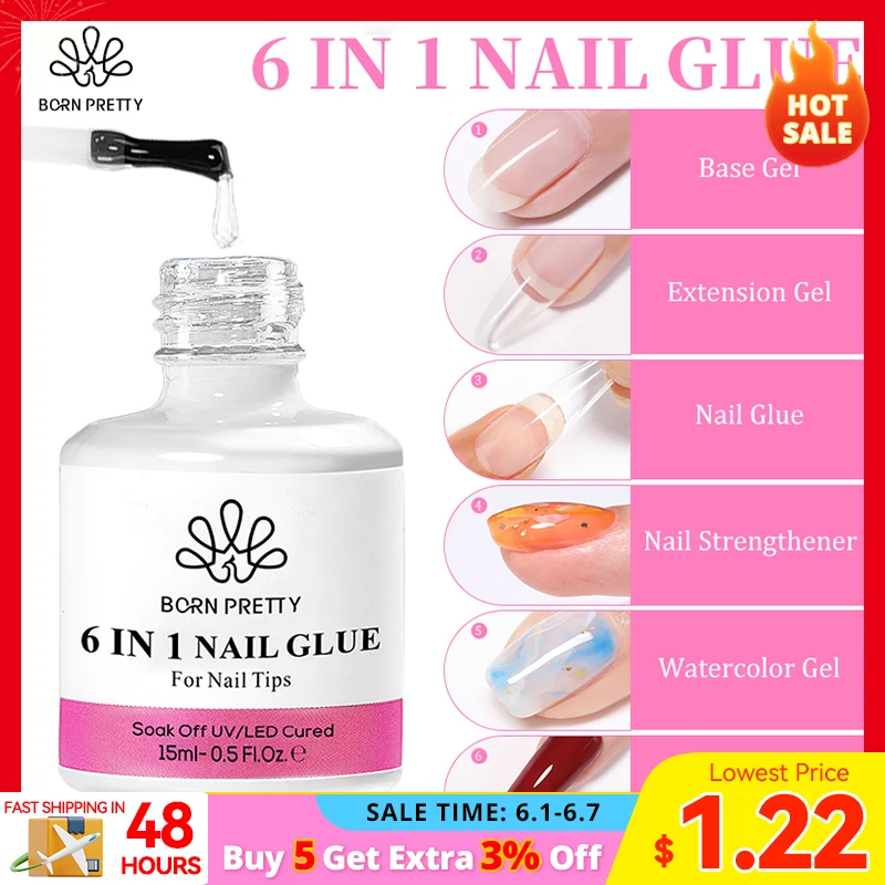 BORN PRETTY 15/10ML 6 IN 1 Nail Glue Gel for Acrylic Nails Soak off Base Gel Top Coat UV Extension Nail Gel False Nail Tips Gel