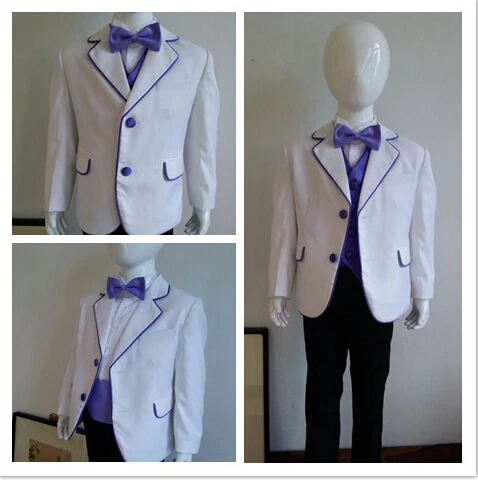 

Fashion Boys Wedding Dress White Top Purple Trim and Vest Girdle Bow Tie Black Pants Three Piece Customized