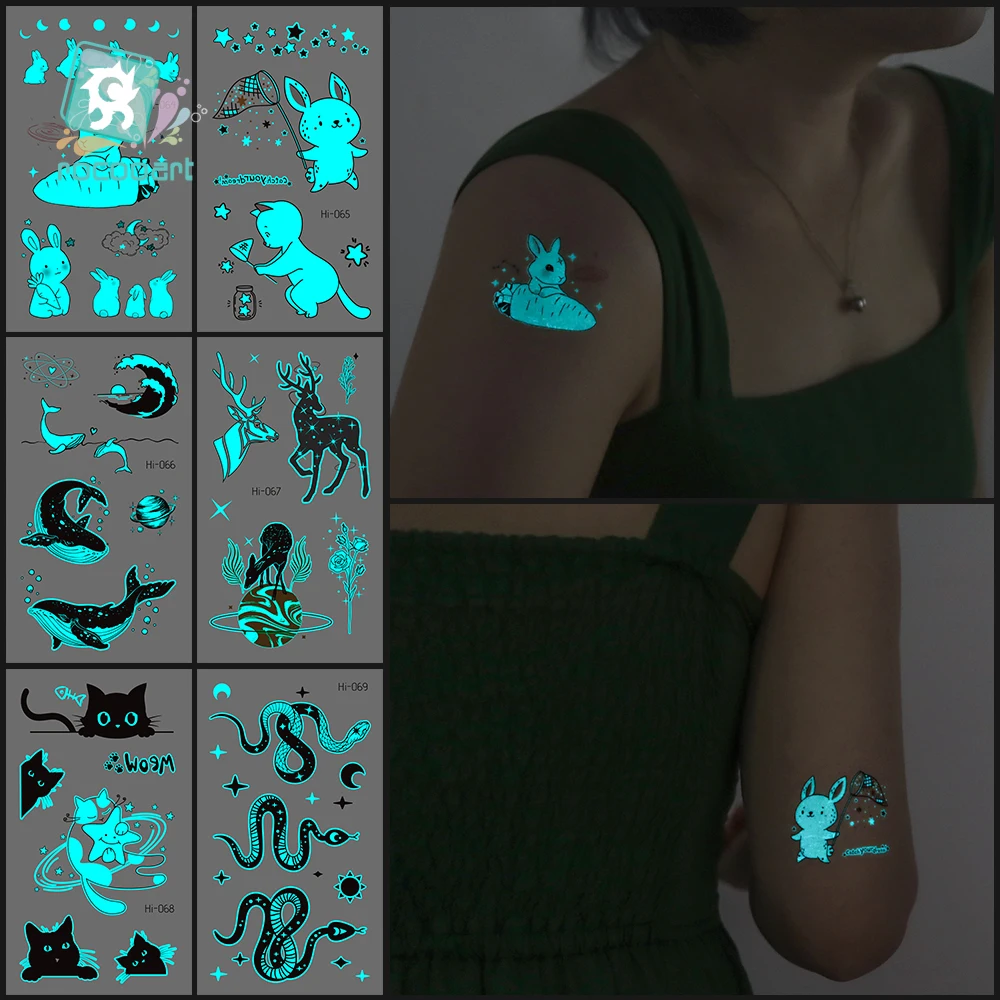 

Hot Selling Custom Temporary Waterproof Luminous Bird Dolphin Rabbit Design Tattoos For Kids Glow In Dark Body Tattoo Sticker