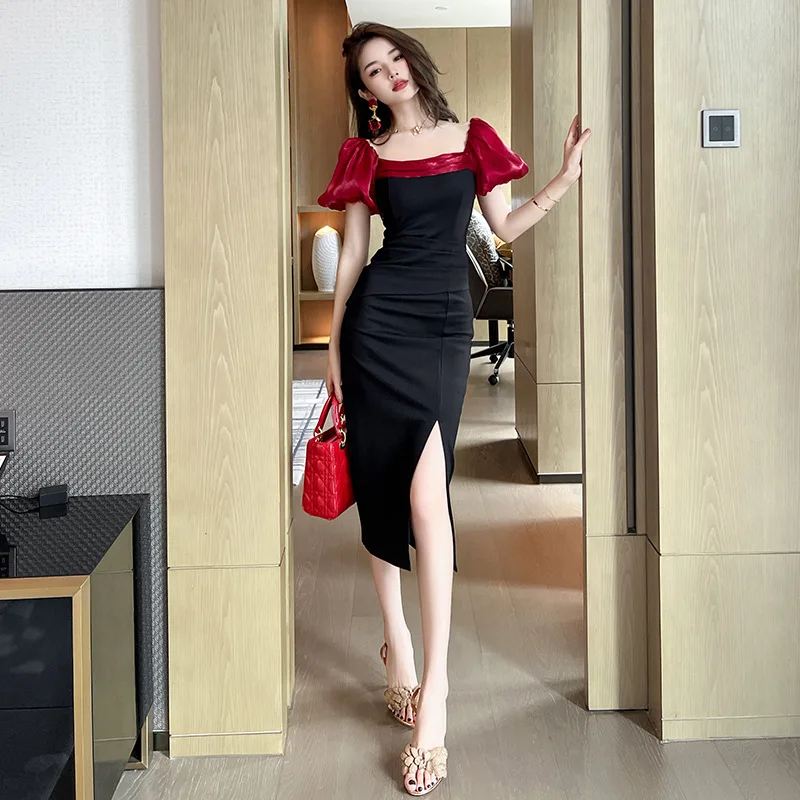 

Short Puff Sleeve Slash Neck Bodycon Dress Wedding Evening Party Dress Women Elegant Patchwork Backless Split Pencil Dress 2023