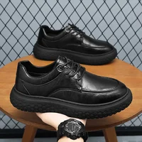 Trendy Men's Leather Shoes British Style Thick Bottom Casual Low Help Lace up Heightening Black Loafers Breathable Shoes
