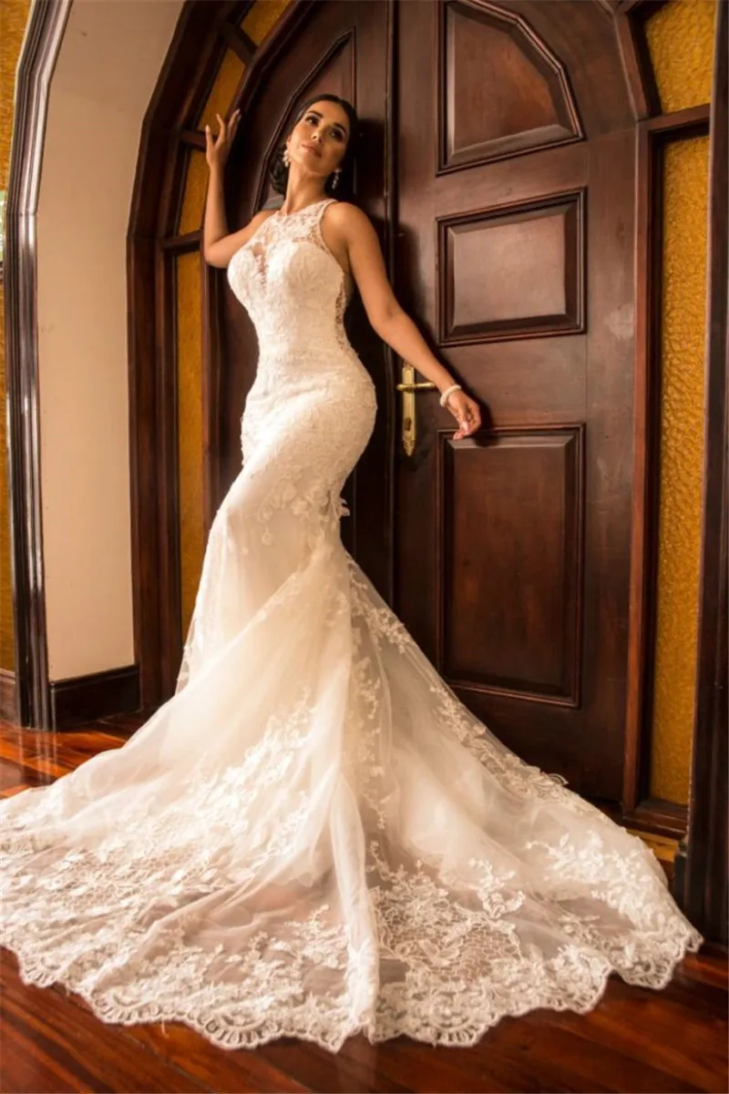 

Sexy Lace Tulle Bridal Gown Exquisite O-Neck Sleeveless Spanish mermaid wedding dress Illusion vestido de noiva