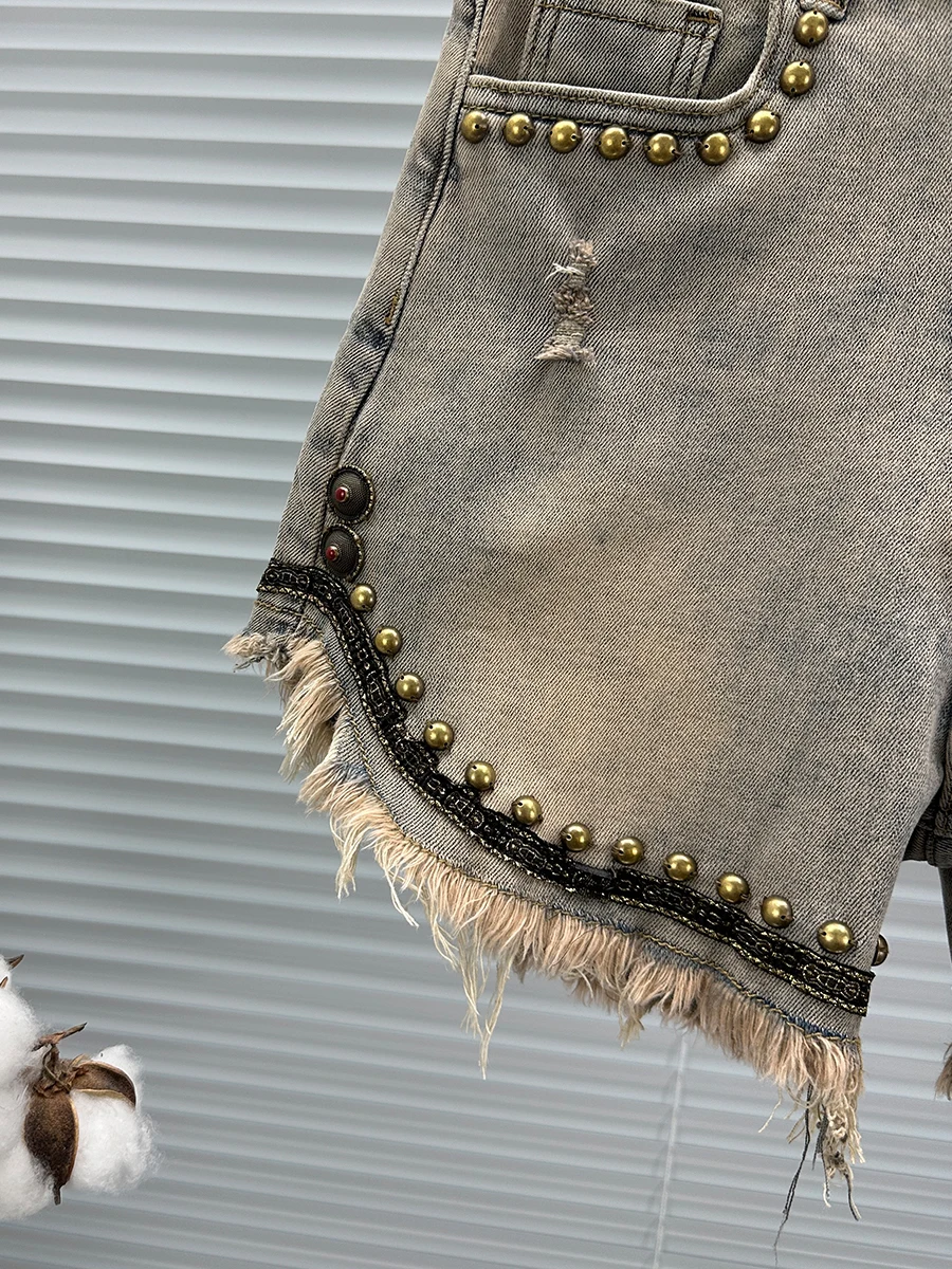 Hot Girl European Beaded Raw Edge Denim Shorts Women Summer New Fashion Streetwear High Waist Slimming Ladies Wide-Legged Pants