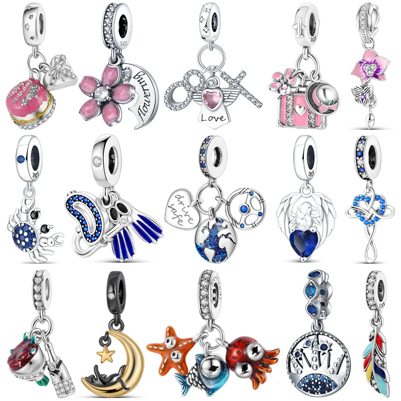

Hot New 925 Sterling Silver Moon Crab Sea Star Octopus Flower Feather Heart Fit Original Pandora For Bracelet Jewelry Women Gift