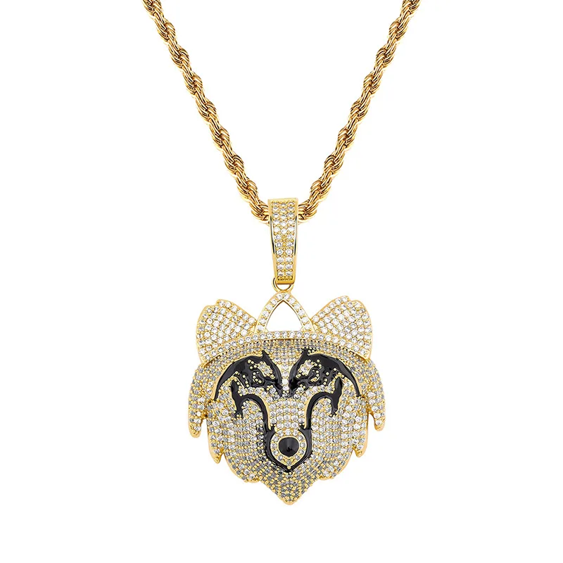 

Bling Stone Iced Out Wolf Head Pendants for Men Rapper Fine Jewelry Animal Necklace